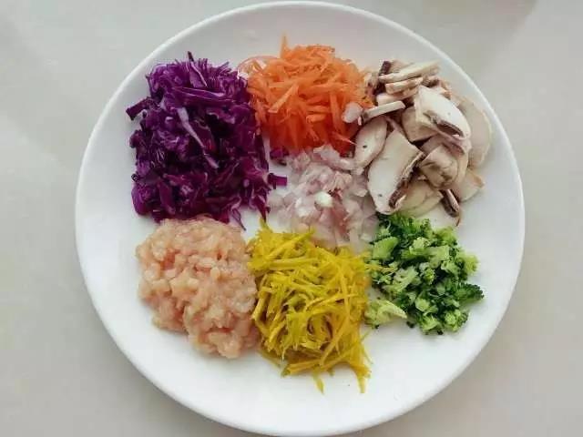 南瓜、胡萝卜擦成细丝，紫甘蓝切丝，口蘑切片，鸡肉切末，西兰花焯水后切碎。