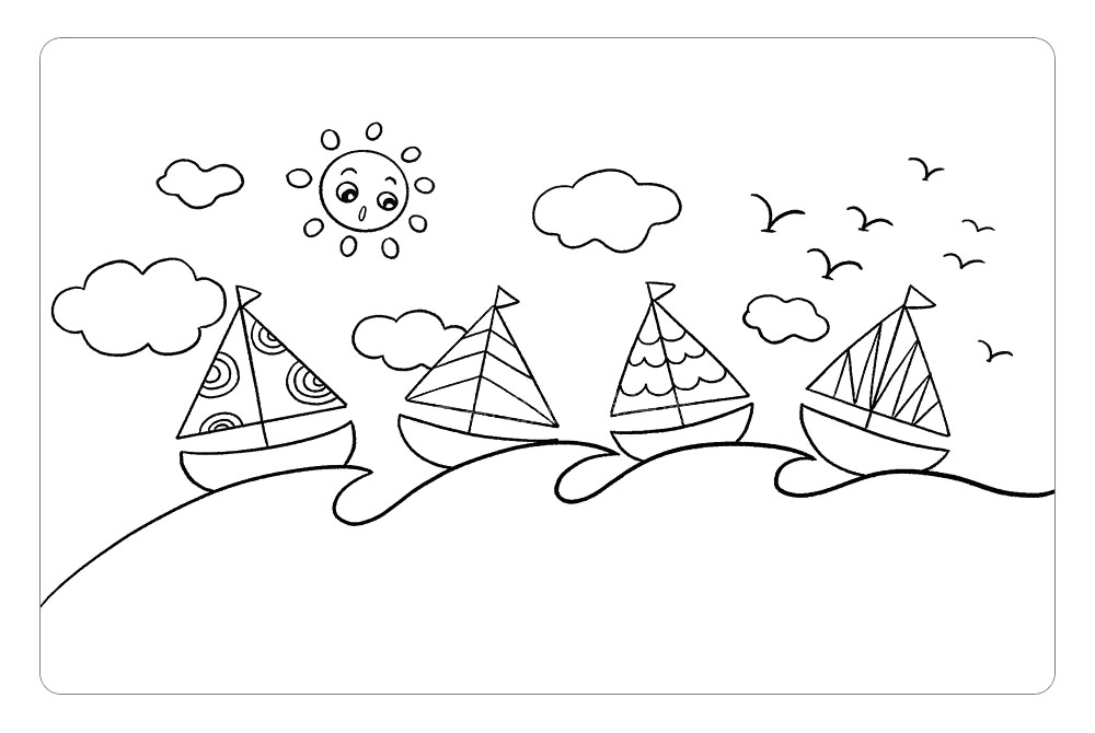 步骤6：接着，在上方空白处画上太阳、云朵和海鸥。