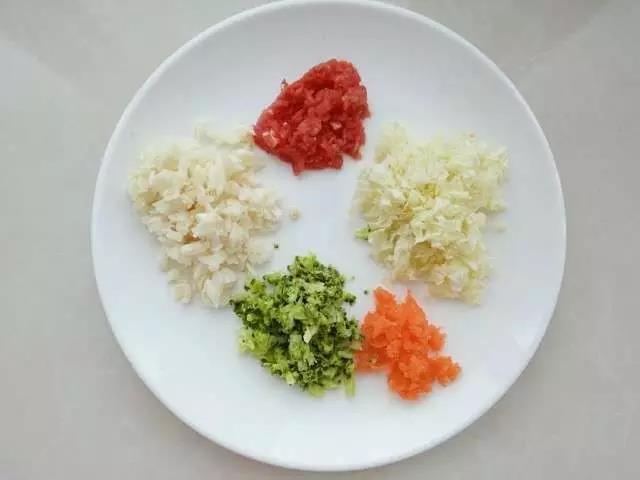 牛肉、胡萝卜、大白菜叶、白玉菇切成末，西兰花提前焯水切碎。