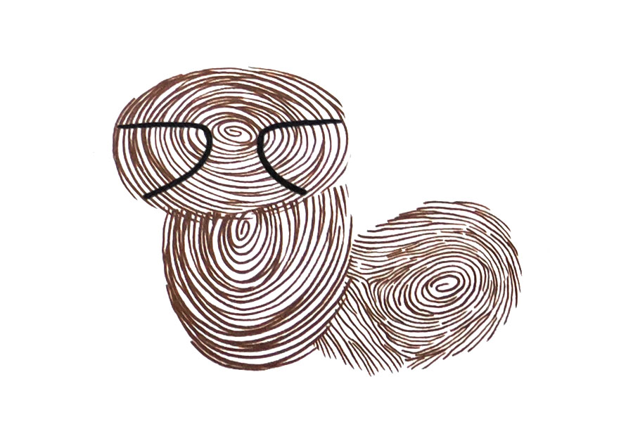 步骤2：先印半个指印作身体，再印个指印作大尾巴，最后勾出眼眶。