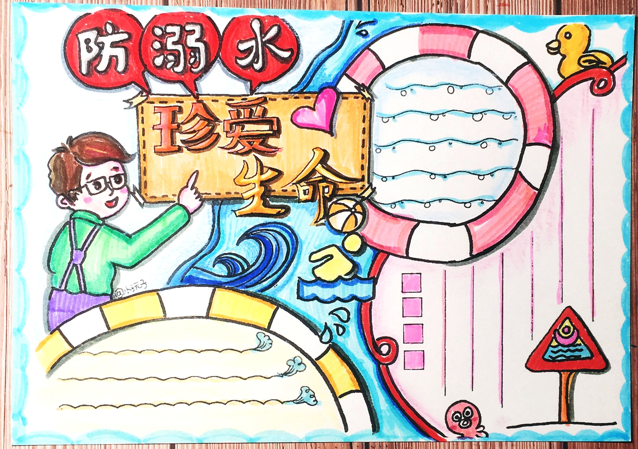 夏季防溺水手抄报模板-附线稿-图3