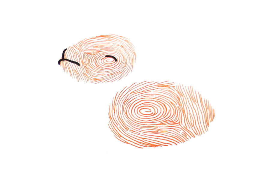 步骤2：印一个小一些的指印做骆驼头，画上眼睛鼻子和嘴巴。