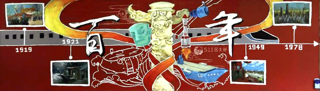 步骤9：板报中心“百年”是对主题的直接呼应。在这之后的是一条时间轴，上面记录着党史中的重大事件和辉煌历程，在时间轴上呼啸而过的是高铁，循着高铁的方向我们即将走向更遥远的未来。而围绕着“百年”二字是我们已经实现的成就。