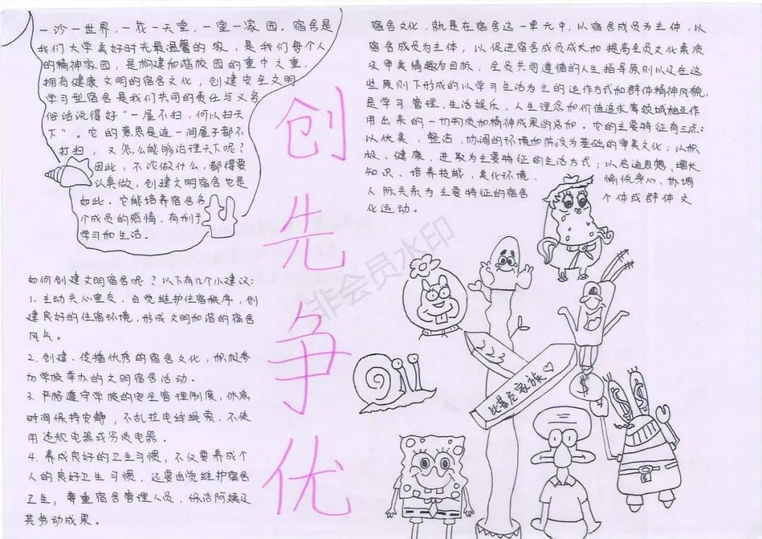 步骤6：创作思路：宿舍是我们大学时光最温馨的家，它记载着我们宿舍七人大学学习生活中的点点滴滴，是我们不断成长的见证。在我们的宿舍里，让我们感到了生活的充实和多姿多彩。宿舍中时而有波澜不惊的平静，时而有热闹非凡的生气，之所以这般就源于我们拥有着不同的特性。我们来自不同的地方，思维不同，个性相异，都拥有自我独特的行事风格和表现方式，就像是比基尼家族的每一个角色。我们想透过他们，表现出我们223宿舍也是这样一个团结友爱，美好和谐的大家庭，拥有着和他们一样真挚长久的友情！