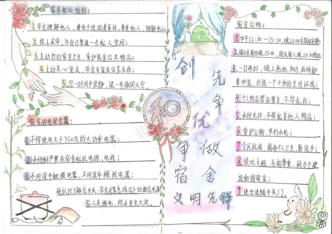 步骤23：创作思路：以“和”字为中心，意喻宿舍和谐友爱，双手相握，互帮互助。禁用大功率电器图标，意在说明合理使用电器才能保证个人和宿舍安全，有效预仿火灾的发生。用花草来表明宿舍环境清新和温馨。宿舍是我们大学之旅的温馨港湾，所以爱护宿舍环境是一件天大的事。