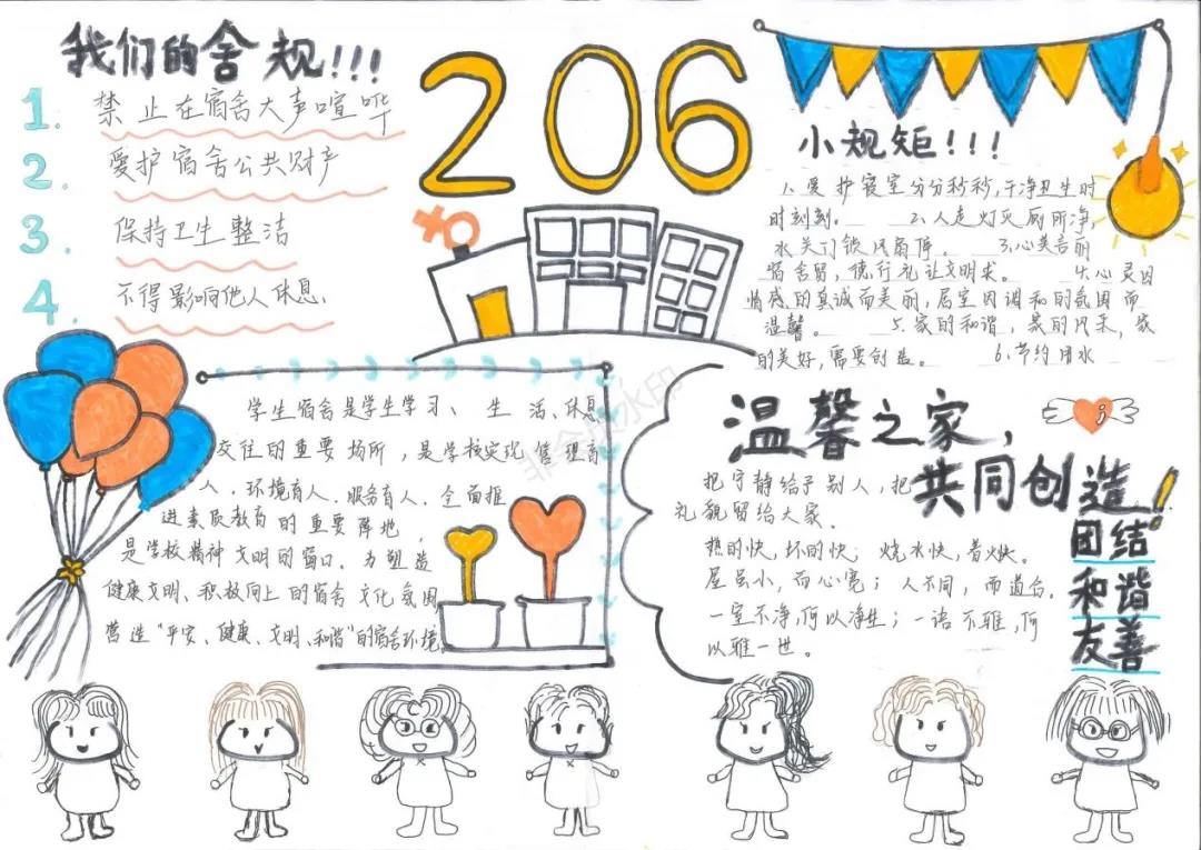 步骤24：本作品围绕主题“创造争优”来创作。并将文明、友善、和谐等社会主义核心价值观精神融入创作。手抄报色彩明亮展示了我们的青春底色,在“206”下画了南栋女生宿舍，并将我们宿舍七人的卡通画像融入其中，展示我们宿舍亲如一家团结友爱的感情。希望大家能喜欢我们的作品，谢谢大家(*^o^*)!