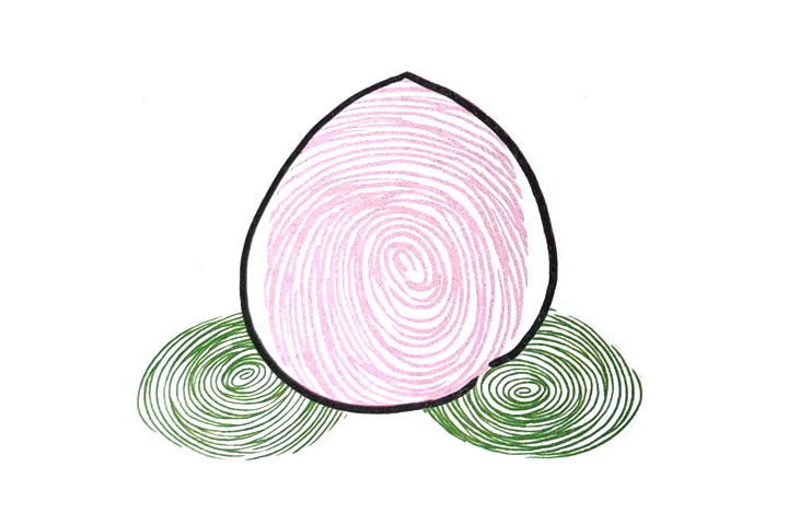 步骤3：再印半个指印作另一片叶子，勾出桃子的轮廓。