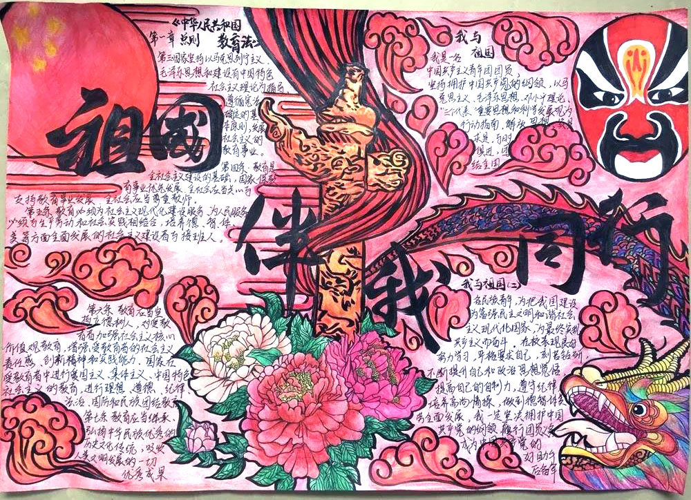 步骤9：《祖国伴我同行》作品以红色为主，运用中国元素、特色为背景。内容包括《中华人民共和国教育法》和“我”作为一名中国共青团团员要履行的义务和责任。