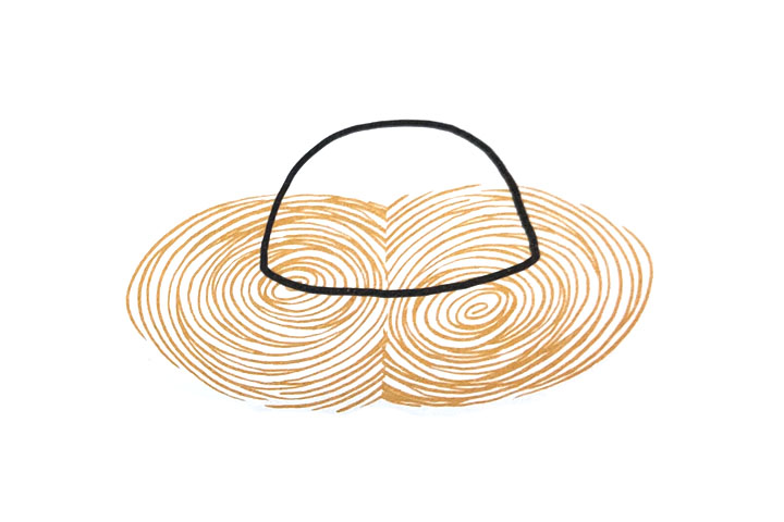 步骤2：先对应地印相反的半个指印，再画出草帽的轮廓。