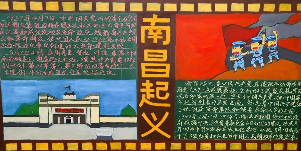 步骤2：“南昌起义”中国共产党为了表明要将中国革命进行到底的坚定立场，反抗国民党反动派的屠杀政策而拉开的一场起义。大队以“南昌起义”为主题设计制作板报，坚定大队全体指战员爱党报国的政治热情，将青春献给祖国的忠诚信念；教育引导全体消防员牢记党恩，始终不忘初心，牢记使命。