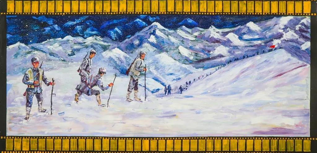 步骤6：板报以红军长征翻越雪山为主题， 描绘了红军在翻越雪山途中，广大红军指战员怀着必胜的坚定信念，同心同德，团结互助的感人场景。