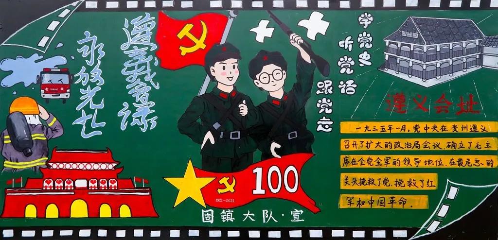 步骤7：板报采用红色和黄色为主体，以胶卷为边，由党旗、天安门、遵义会议遗址、红军、消防等元素组成，遵义会议是是红军长征中一个生死攸关的转折点，会议确立了以毛泽东同志在党中央和红军的领导地位，从而在极端危急的关头，挽救了红军，挽救了党，挽救了中国革命。