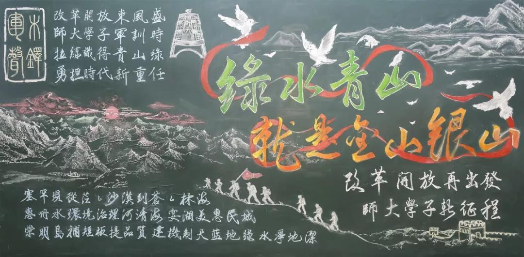 步骤9：《绿水青山就是金山银山》板报聚焦生态文明领域。左上角的小诗是同学们拉练后的真挚感受。同学们在山路行军的过程中，领略了大好河山的壮丽。由崇明岛等元素展现出生态文明的果实，体现了国家对生态文明建设的重视。