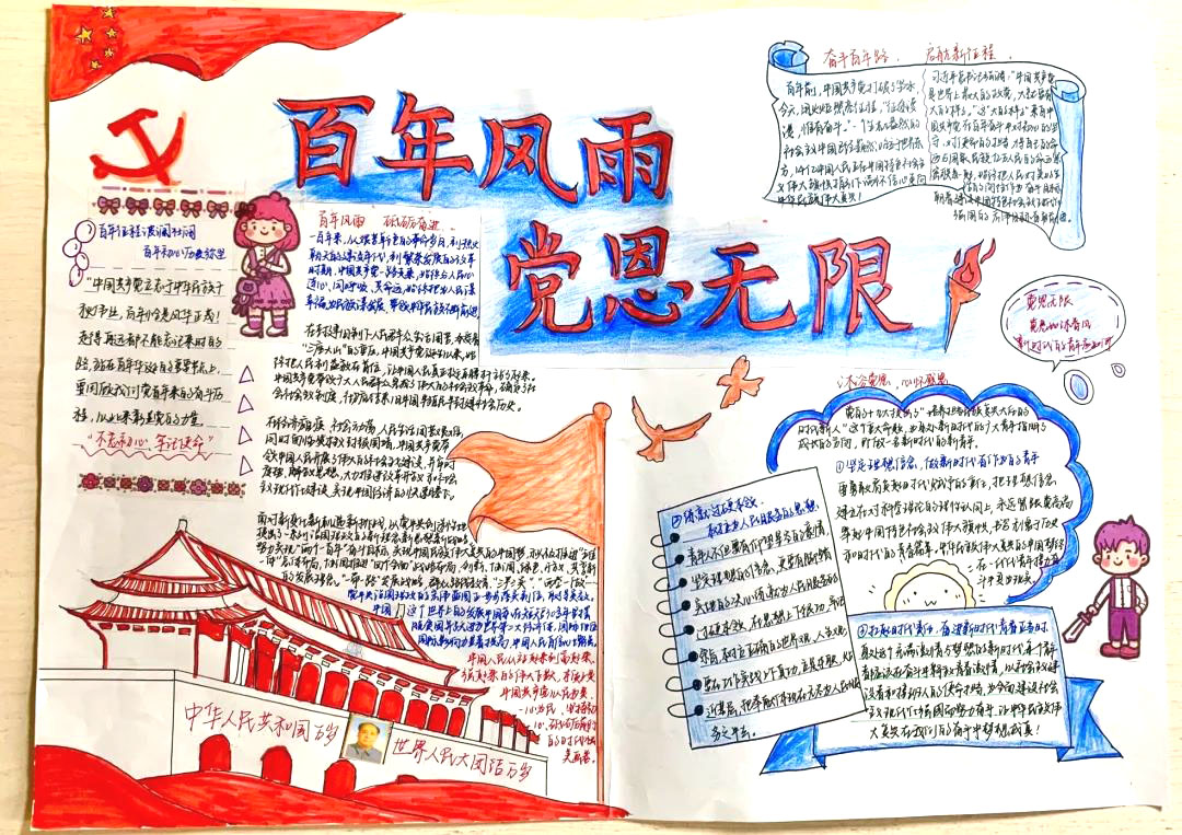 步骤5：《学党史知党恩，赓续红色基因》创作理念:走得再远都不能忘记来时的路，回顾中国共产党百年风雨艰辛历程，深刻认识中华民族从站起来、富起来到强起来的艰辛探索，所以作为新时代青年的我们理应心怀感恩、牢记使命、扛起时代责任。