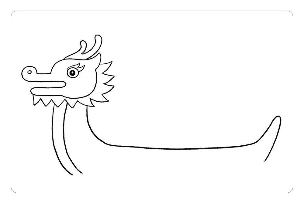 步骤4：再在龙头的下方画出大大的龙舟，这里注意，龙舟上面还要画划船的小粽子，所以龙舟要画得长一点哦。