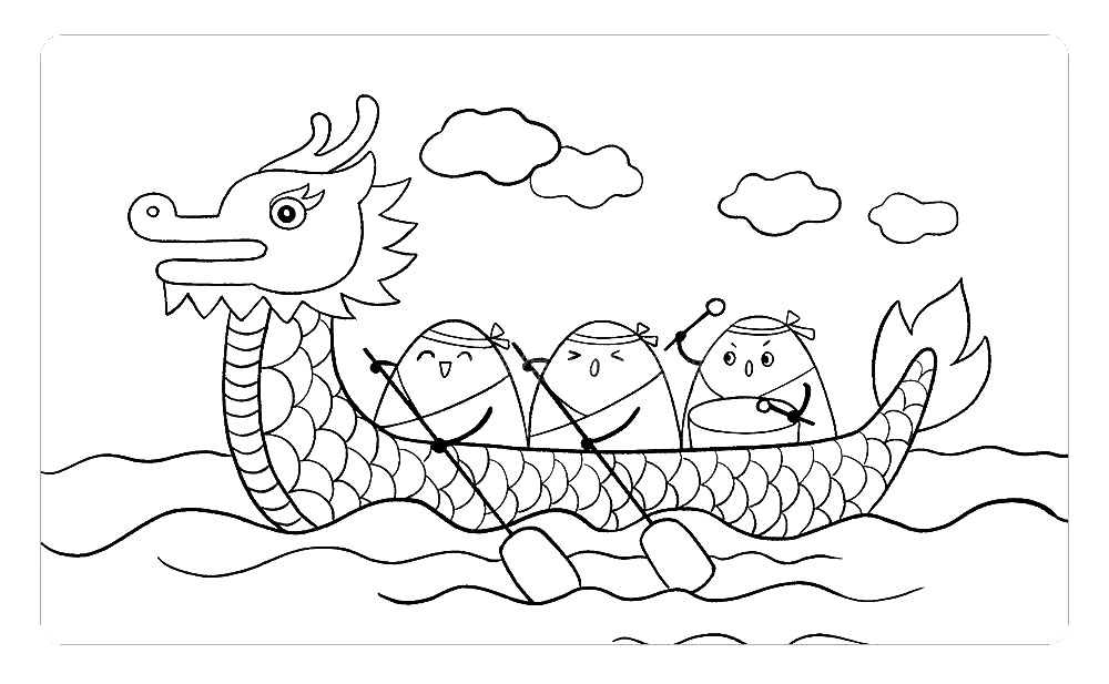 步骤8：我们在上方空白处画出云朵丰富画面，有能力的小朋友可以给龙舟画上龙鳞装饰，画这里要有耐心哦。