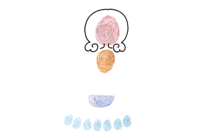 步骤3：印一个一半的指印作为灰姑娘的裙兜包、几个排成一排的指印作为裙子上的花边，画出灰姑娘的头发和脖子。