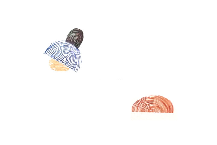 步骤2：印半个指印作灯座，再印半个指印作灯罩、一个被遮住一部分的指印作灯头。