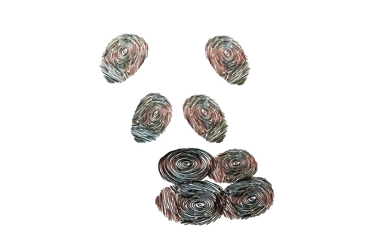 步骤2：用相同的方法印出熊猫的另一只耳朵、两个黑眼眶、胳膊和腿，注意各个器官的摆放位置。