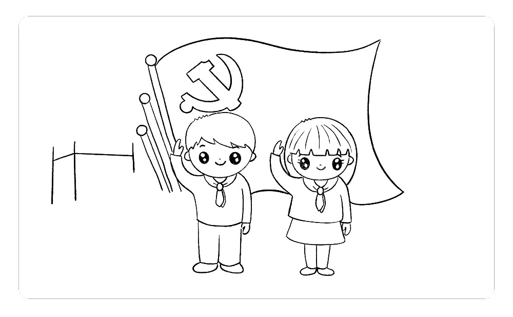 步骤8：在党旗的两侧，分别画出雄伟的长城和茂密的树丛。