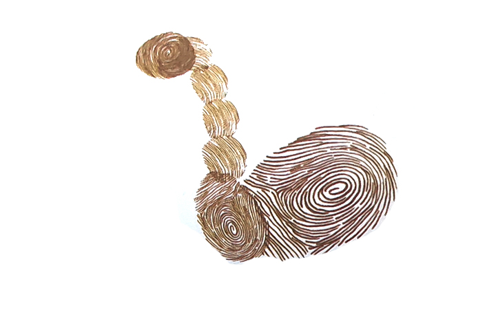 步骤2：先用指尖印几个连起来的指印作长脖子，再印一个大指印作脖子根部、一个更大的指印作身体。