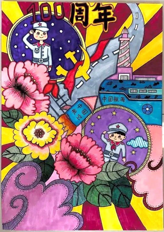 不忘初心跟党走儿童画画图片-图2