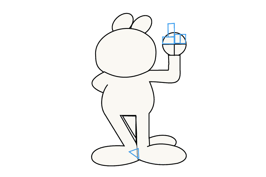 步骤8：使用垂直线引导您绘制将成为加菲猫手指的形状。在一个象限中，画一个有一条垂直线穿过它的正方形。在另一个中，绘制两个堆叠在一起的矩形。这些将成为拇指和食指。最后，在脚的交界处画一个小三角形。