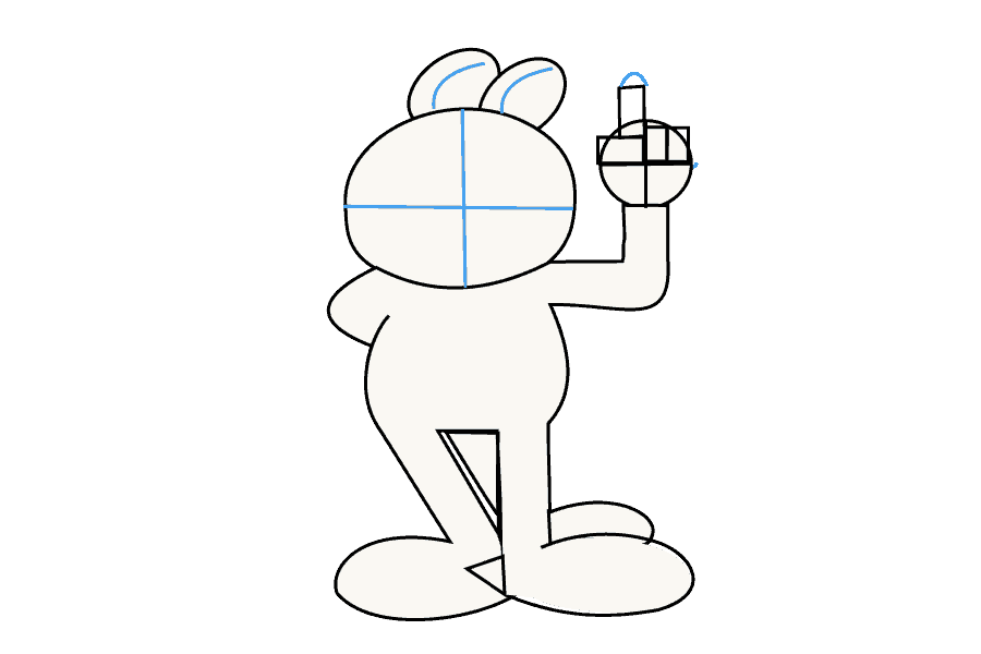 步骤9：画一条曲线来勾勒食指尖的轮廓。然后，使用以垂直角度相交的直线将脸部分成四个象限。在每个耳朵上画一条曲线。