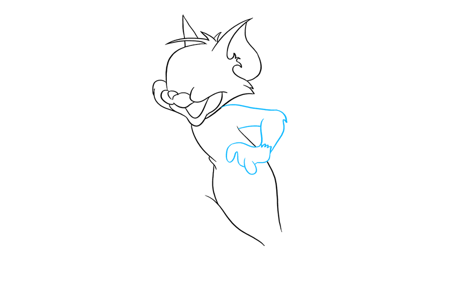 步骤5：画出汤姆的手臂，必要时擦除。上臂使用两条线，下臂使用两条线。注意它们如何在弯曲的肘部重叠。用曲线画出手背和手掌，用“U”形线画出手指。在手腕处画一条锯齿线。