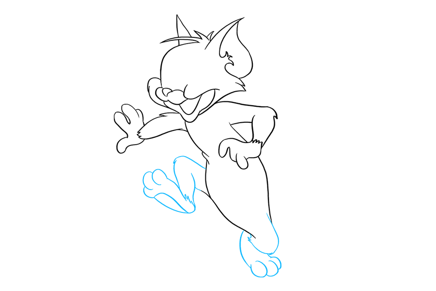 步骤7：画出汤姆的腿。使用一系列在锯齿状点相交的短线来绘制在膝盖处弯曲的腿。然后，用曲线勾勒脚部，用“U”形线包围脚趾。使用曲线将垫脚包围在抬高的脚底。