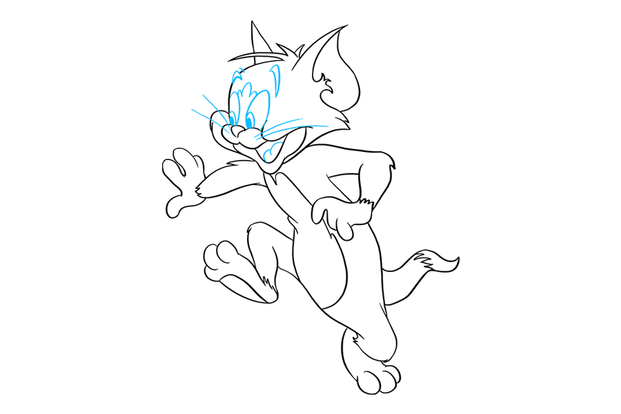 步骤9：细化汤姆的脸。使用曲线在嘴巴内画出舌头，并从鼻子的每一侧延伸出胡须。包围三个连续较小的部分椭圆形以形成眼睛，最小的阴影表示瞳孔。在眼睛之间画曲线，并在每只眼睛上方围上一个弯曲的形状来表示眉毛。