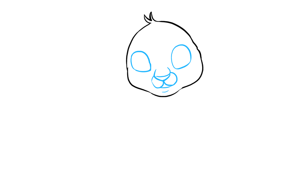 步骤2：画出老虎的脸。为眼睛画一个蛋形椭圆。使用重叠的“U”形线来形成嘴巴的鼻子和上部。在鼻子上画一条线来表示鼻子，在嘴部之间画一条线来形成下颌。用跨下巴的短线添加尺寸。