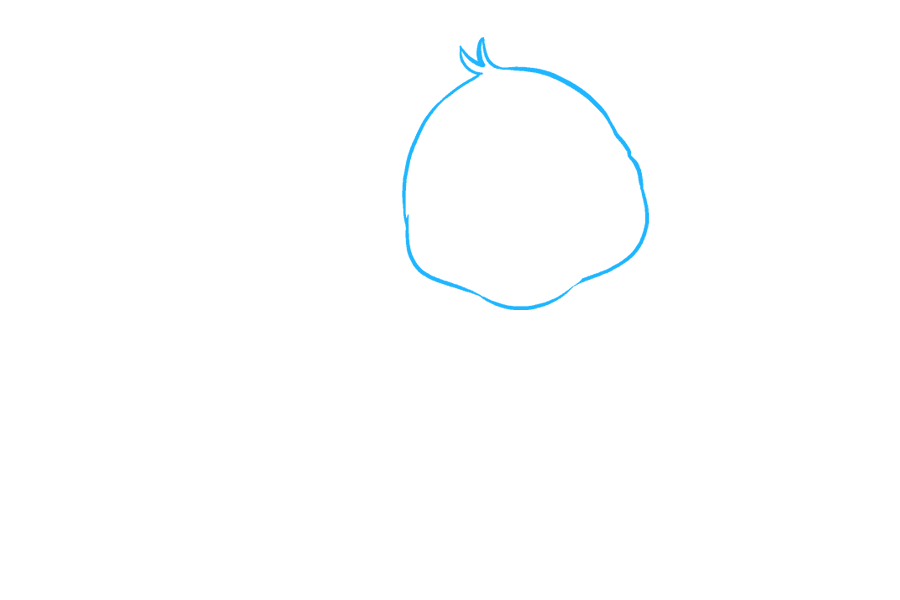 步骤1：画出虎头的圆形。注意下巴和脸颊的隆起。在头顶，包括几条在尖点相交的短线。这些表示一簇毛皮。