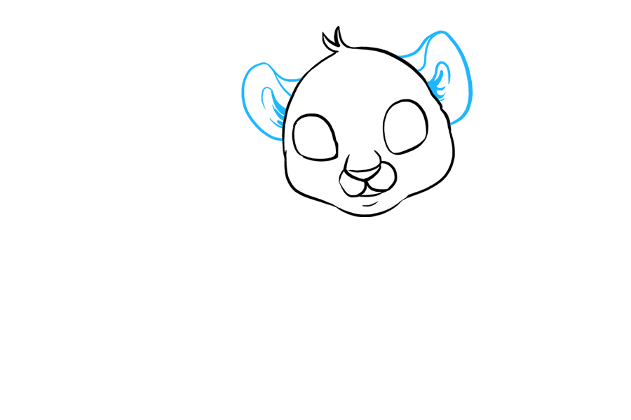 步骤3：画出老虎的耳朵。用一条长而弯曲的线包围每只耳朵的形状。然后，使用曲线标定正面。使用额外的曲线来遮蔽内耳。