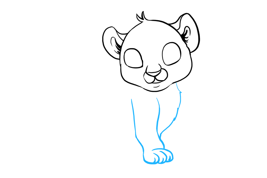 步骤4：使用一系列曲线绘制胸部。用一对长而弯曲的线画出腿。使用重叠的“U”形线包围爪子并形成脚趾。注意每个脚趾尖上的短曲线，表示爪子。