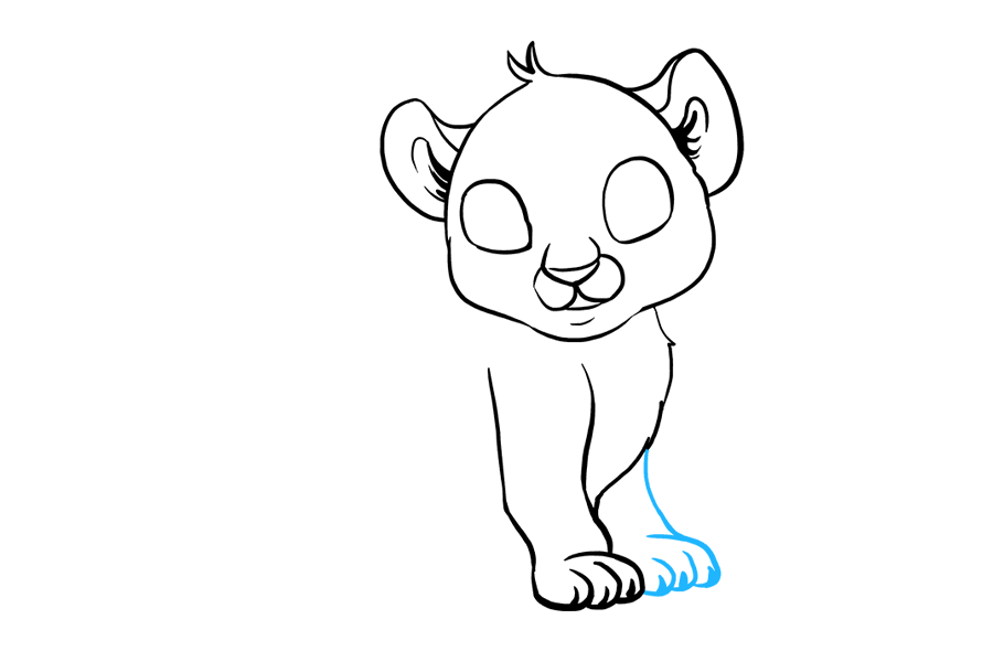 步骤5：用曲线画出剩下的前腿的前部，并用重叠的“U”形线包围脚趾。在每个脚趾的尖端画一条短线来表示爪子。