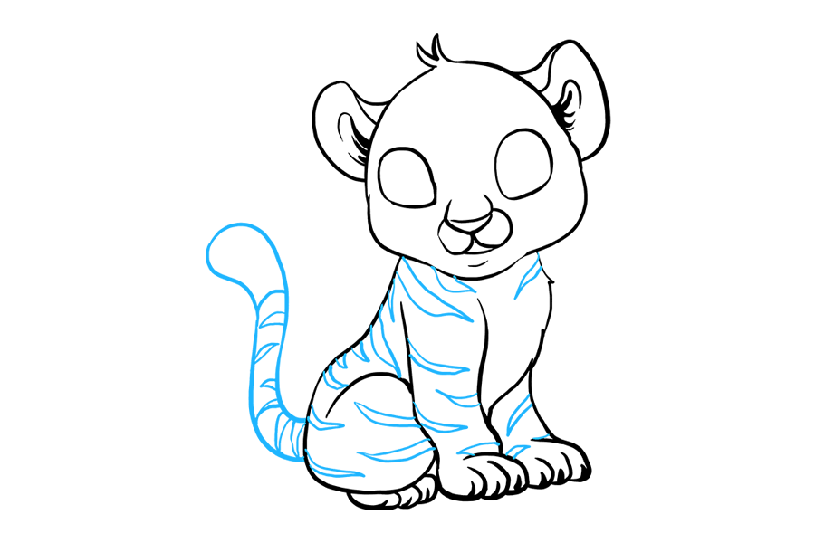 步骤8：画一条从臀部延伸出的长曲线，然后将其向后折叠以形成尾巴。在身体、腿和尾巴上画不同长度的条纹。对于每个条纹，绘制两条曲线并让它们在一个尖点相交。