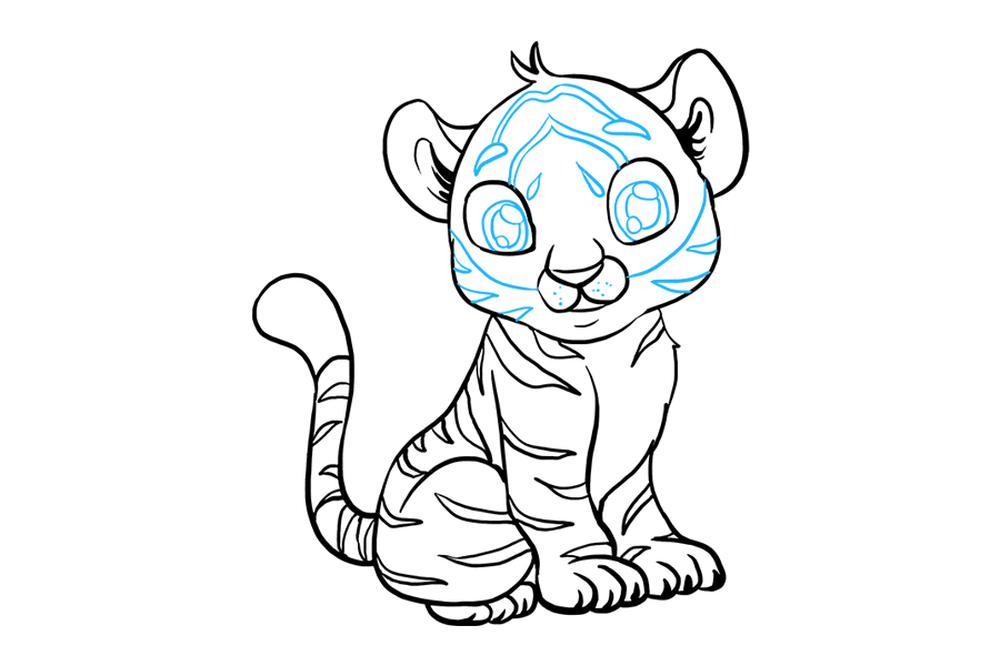 步骤9：细化老虎的脸。从嘴巴到脸的侧面画曲线，在嘴巴的上部画点。使用曲线绘制尖条纹。对于每只眼睛，画一个大圆圈，里面有较小的重叠圆圈和椭圆。