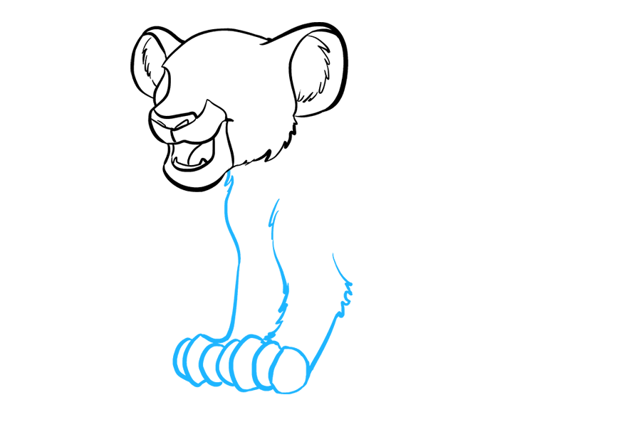 步骤3：画出辛巴的前腿。首先，使用重叠的椭圆绘制脚趾。然后，用长而弯曲的线条和一系列在锯齿状点相交的短线勾勒出腿的轮廓。