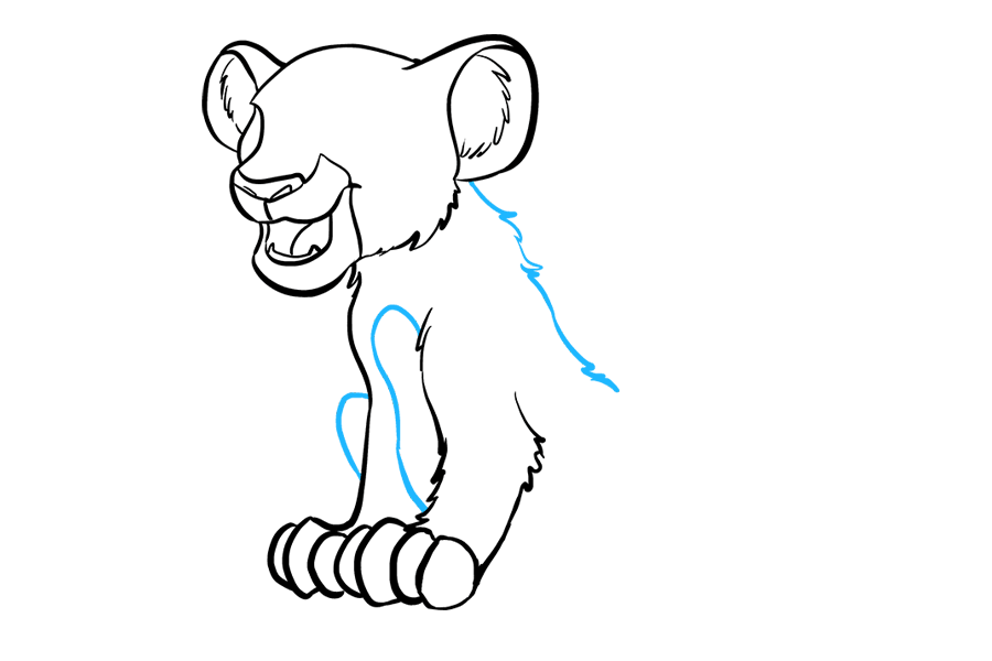 步骤4：使用一系列在锯齿状点相交的曲线绘制辛巴毛茸茸的背部。然后，用曲线包围远后腿和腹部的颜色。