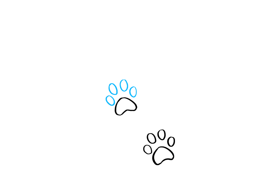 步骤4：在月牙形上方画四个小椭圆，完成第二个爪印。