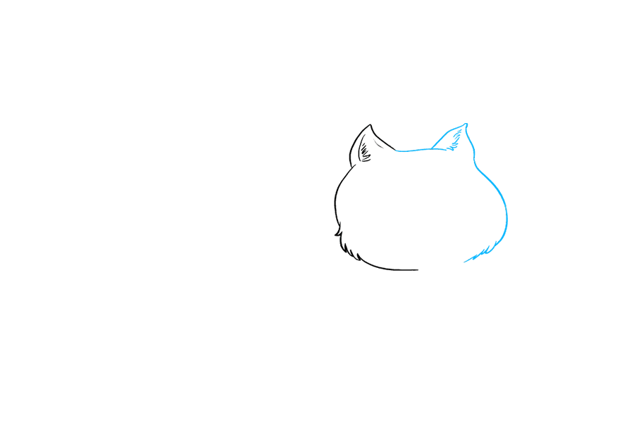 步骤2：继续绘制脸部的另一侧。使用稍微弯曲的线绘制头顶。然后，用曲线勾勒出耳朵的三角形形状。用短而弯曲的线条细化耳朵的侧面。然后，使用长曲线绘制脸部的侧面，然后重叠短线，使脸部具有毛茸茸的外观。