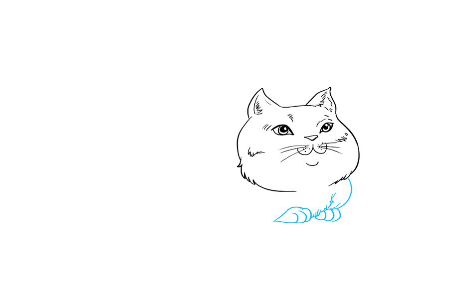 步骤5：用一系列曲线画出肩膀、腹部和毛茸茸的胸部。然后，使用重叠的“U”形线包围从腹部下方出现的爪子。