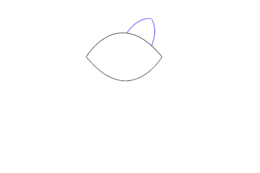 步骤3：用两条曲线包围第一个尖尖的三角形耳朵。