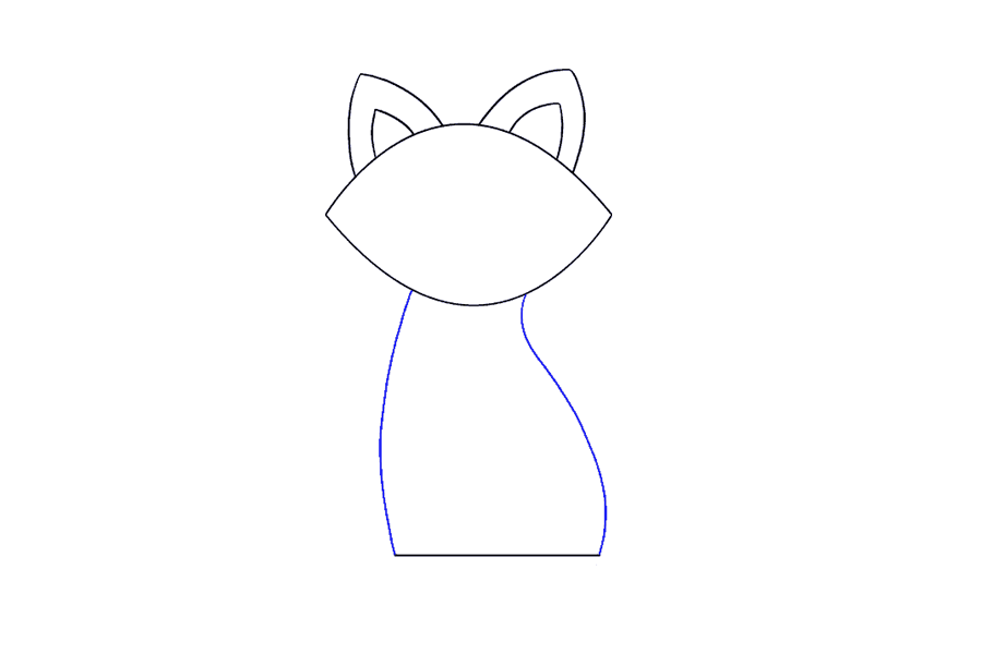 步骤7：在头部和直线之间画一对曲线，包围猫的身体。