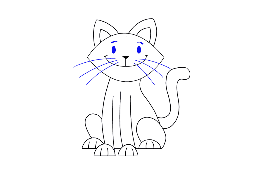 步骤19：从鼻子的每一侧画长长的曲线，形成胡须。用阴影表示眼睛的两个小椭圆形，上面有浓密的眉毛曲线。