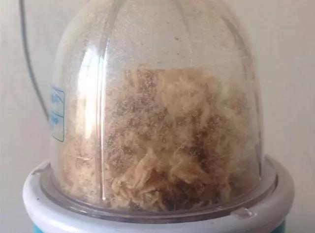 炒到肉变淡黄色，放入搅拌机搅打。