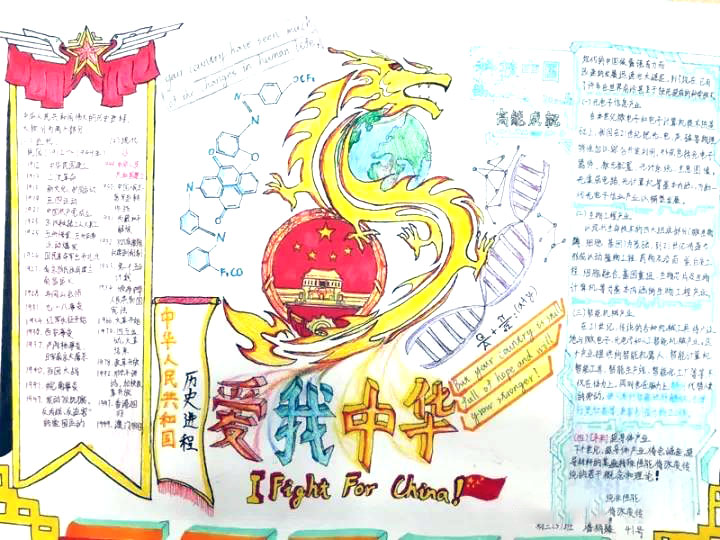 步骤8：很荣幸拥有登上级宣传栏的机会。随着我国这几年的物理、生物科技的快速发展，中国的国力也是越来越强。所以，我画的是中国龙，文本框的设计也对照文本内容，左侧的体现出新中国建立的光辉历程，右侧的则表达出我国在科技方面的巨大飞跃。愿中国越来越强盛、美好！