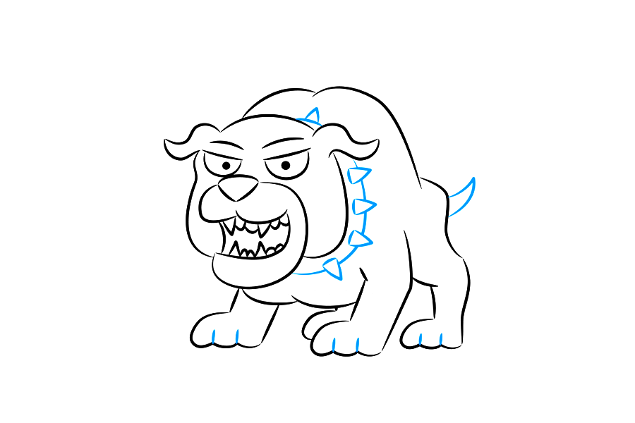步骤5：在脖子周围，画一个由长曲线制成的大领子，并使用尖角三角形添加一些尖刺。在角色背后，用一条虚线勾勒出一条小尾巴。最后，在卡通动物的爪子内画几条直线。