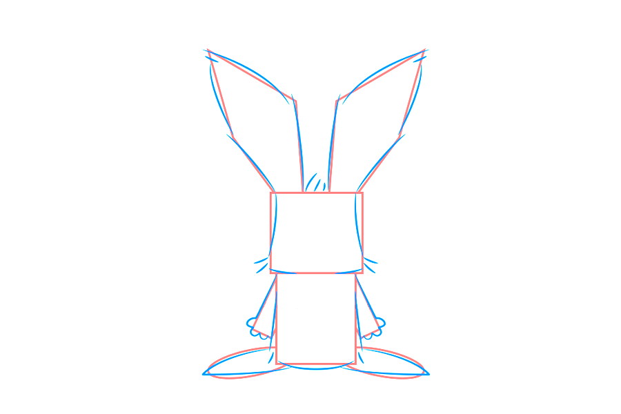 步骤2：使用混合的长和小的曲线，绘制耳朵、头部、身体、手臂和脚来创建这个兔子的插图。由于角色的姿势，从这个角度看不到腿。不要忘记在脸颊附近、头顶和身体底部添加头发。